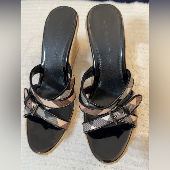 Burberry Black and Tan Plaid Wedge Sandals - Picture 6 of 12